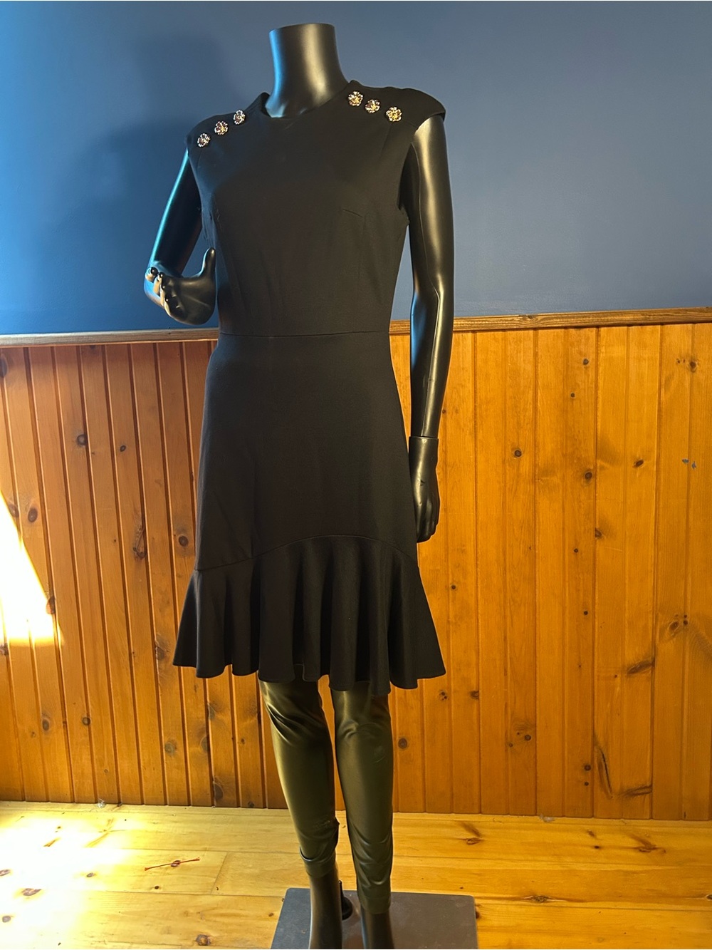 Black Mini Dress with Jewel-Button Shoulders